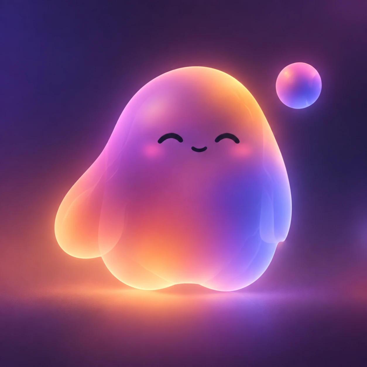 Omimi, a soft glowing round friend in peach, pink and lavender, smiling with closed eyes next to a small floating orb.