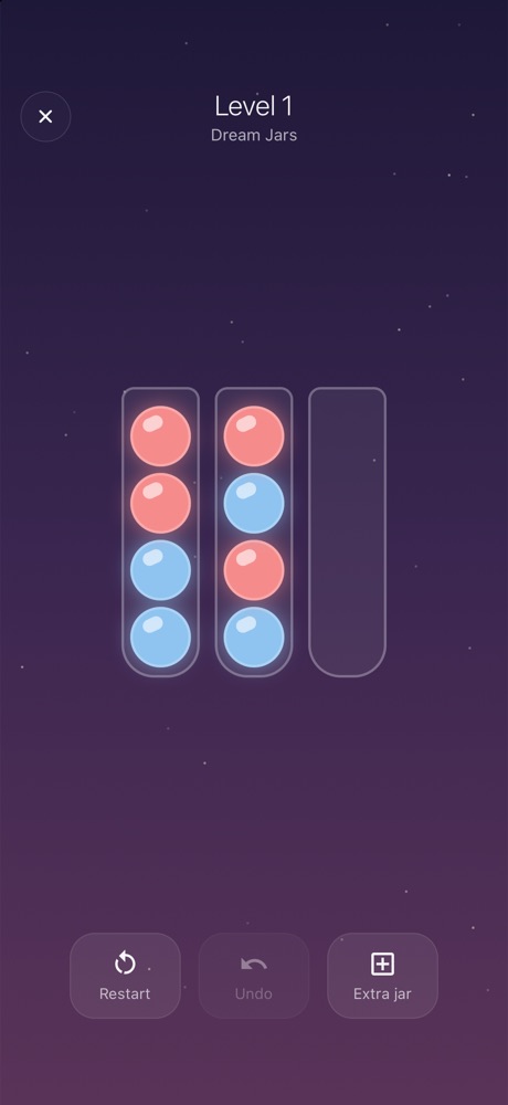 Dream Jars, a calm sorting game: glowing pink and blue balls in glass jars under a starry purple sky.