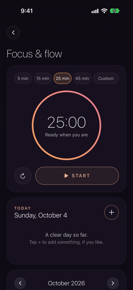 The Focus screen: a glowing ring timer set to 25 minutes, with today’s plan below.