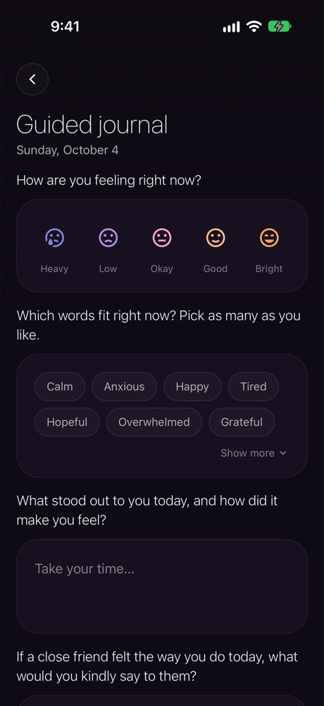 The guided journal: how are you feeling right now, from Heavy to Bright, words like calm, anxious, hopeful and grateful, and a gentle writing prompt.