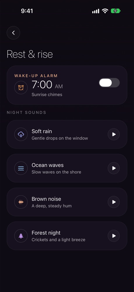 The Sleep screen, Rest and rise: a 7 AM wake-up alarm with sunrise chimes, and night sounds like soft rain, ocean waves, brown noise and forest night.