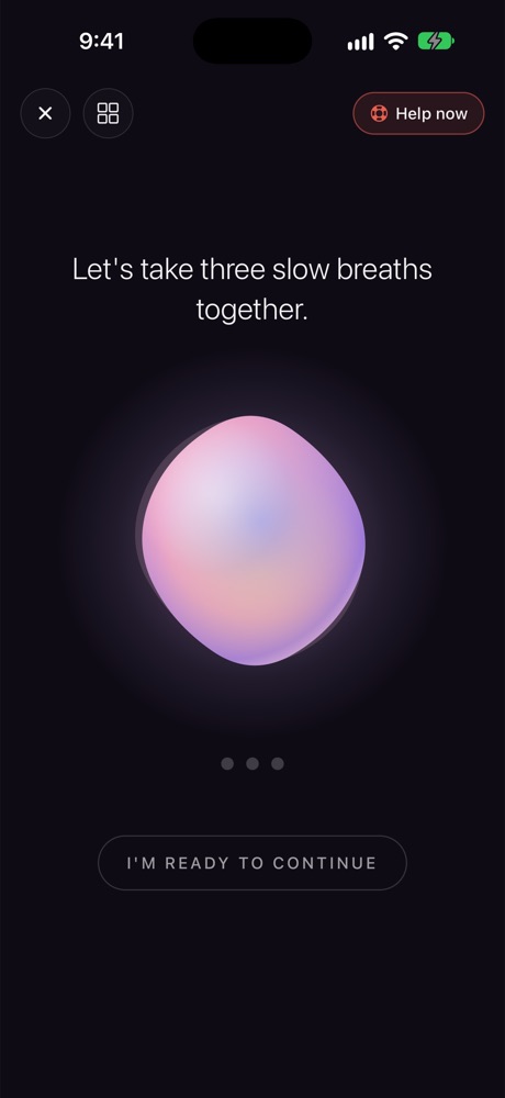 The first SOS screen: “Let’s take three slow breaths together” above a soft glowing orb.