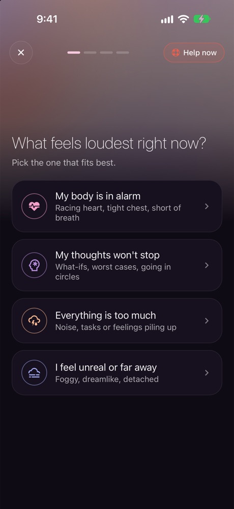 What feels loudest right now? Four choices: my body is in alarm, my thoughts won’t stop, everything is too much, I feel unreal or far away.